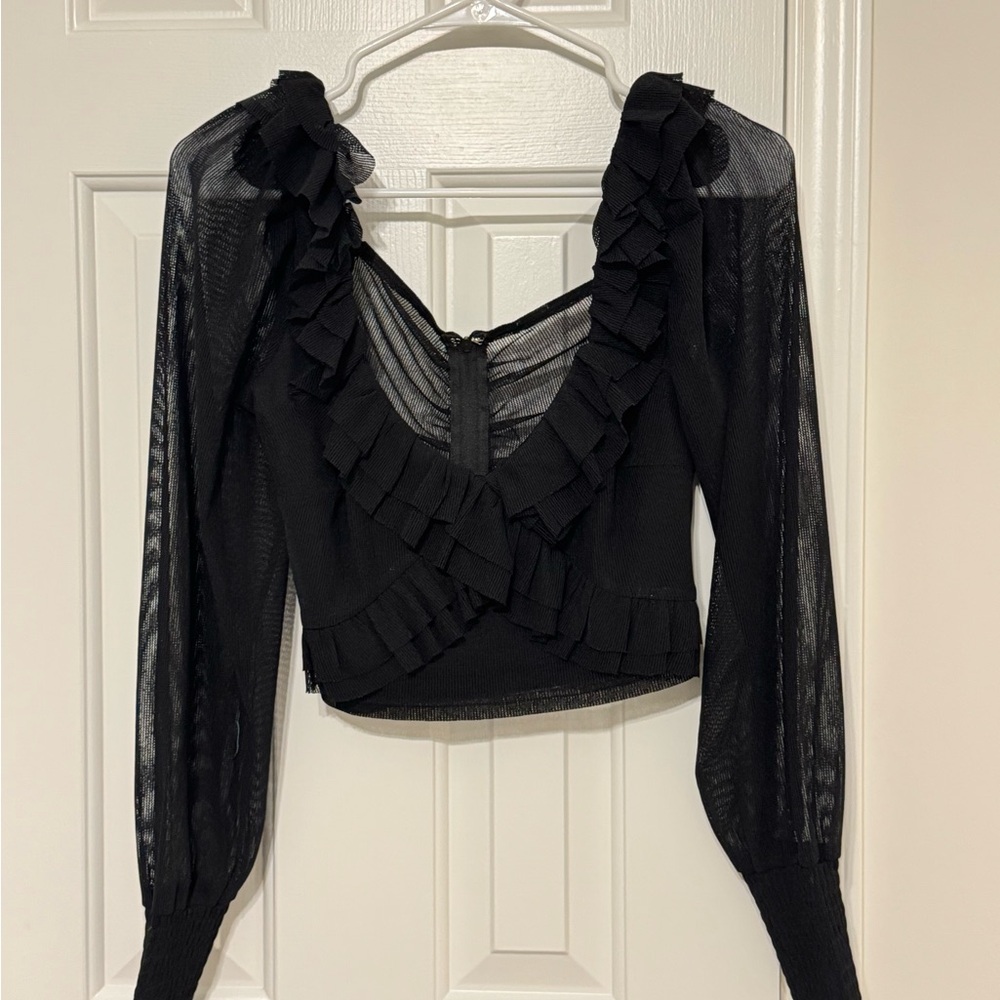 Black Ruffled Sheer Blouse